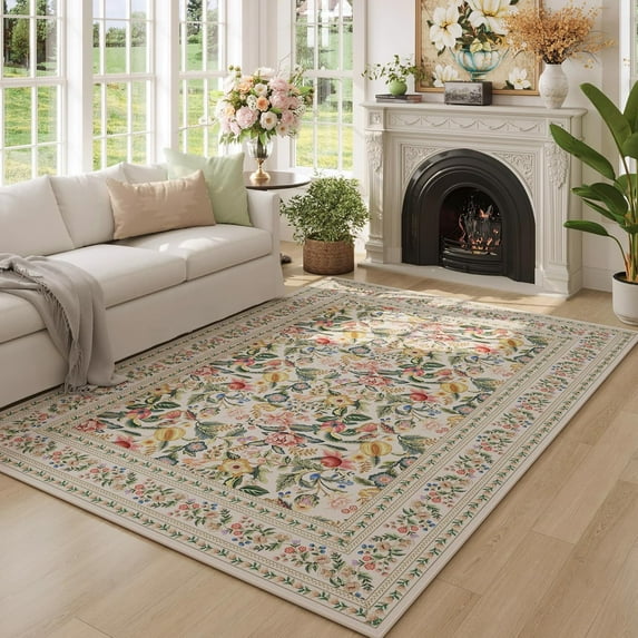 5x7 Washable Rug Vintage Floral Area Rug Non Slip Low Pile Large Rugs for Living Room, Bedroom, Farmhouse, Dining Room, Kids Playroom, Black