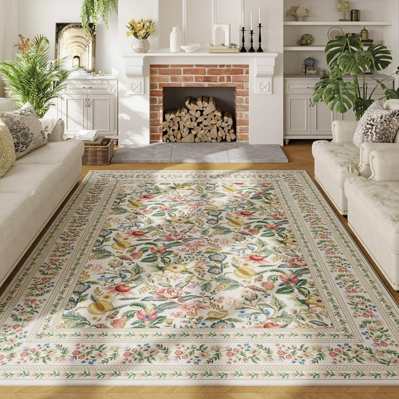 SwiftPulse Area Rugs 8x10 for Living Room Clearance Washable Vintage Floral Rug Non Slip Low Pile Large Rug for Bedroom, Farmhouse, Dining Room, Kids Playroom, Beige