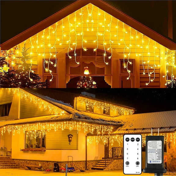SwiftPulse - Icicle Lights Christmas Lights Outdoor 49.2 Ft 440 LED Extendable Dripping Lights 8 Modes Warm White Icecycle String Lights Cascade for Indoor Outside Xmas Holiday House Decor,Clear Wire
