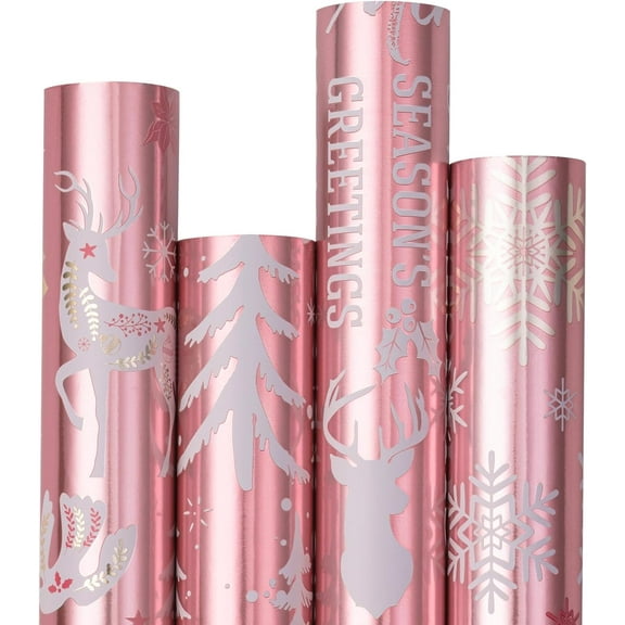 SwiftPulse Pink Christmas Wrapping Paper Set, Jumbo Roll, Reindeer, Bear, Snowflake, Greeting and Tree with Rose Gold Foil, Elegant Gift Wrap for Holiday Gifts, 4 Rolls, 30 inches x 10 feet per Roll