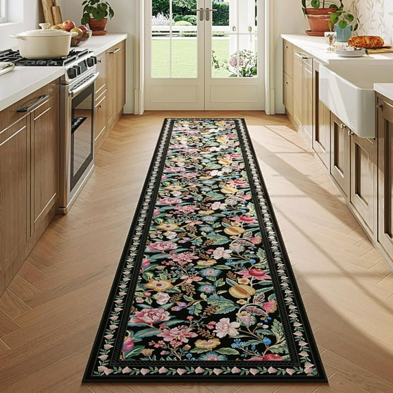 SwiftPulse Runners for Kitchen Runner Rug Non Slip 2'x10' Long Washable Rugs with Rubber Backing Soft Vintage Floral Carpet Runner for Kitchen, Laundry, Bedroom, Bathroom, Black