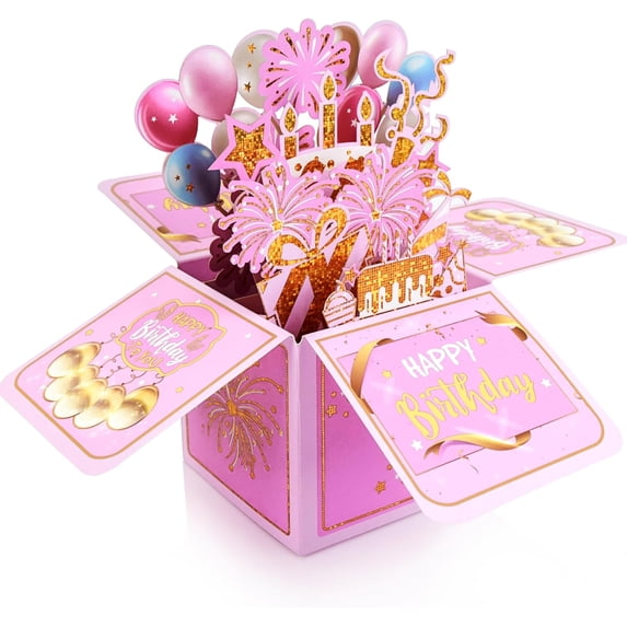 SwiftPulse Surprise Pop Up Happy Birthday Cards, Lovely 3D Birthday Card for Adults and Kids with Envelopes, Unique Design Handmade Foldable Greeting Cards for Daughter, Son, Mom, Dad, Friend(Pink)