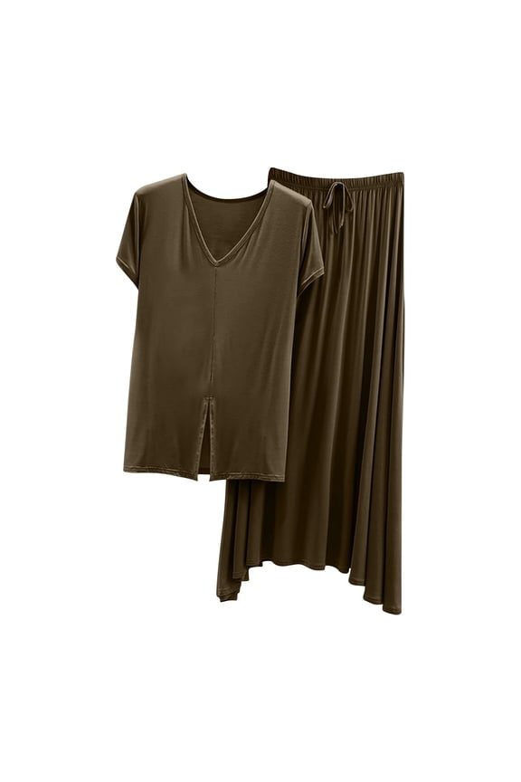 2 Piece Summer Pajamas for Women Set Comfy V-Neck Short Sleeve Top + Maxi Skirt for Work-from-Home Loungewear & Sleepwear
