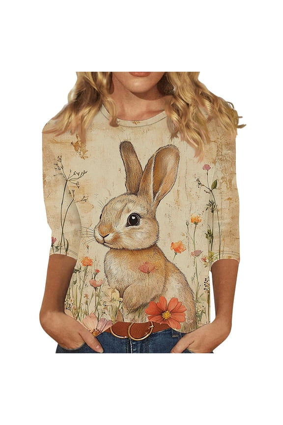 3/4 Length Sleeve Womens Tops Lightweight Spring Fashion T Shirts Casual Crew Neck Plus Size Basic Tops for Easter