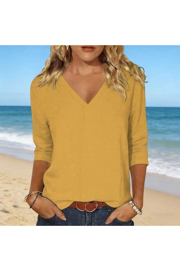 3/4 Length Sleeve Womens Tops Linen V Neck Plain T Shirts Casual Basic Tees Summer Spring Blouses Loose Fit Pullover