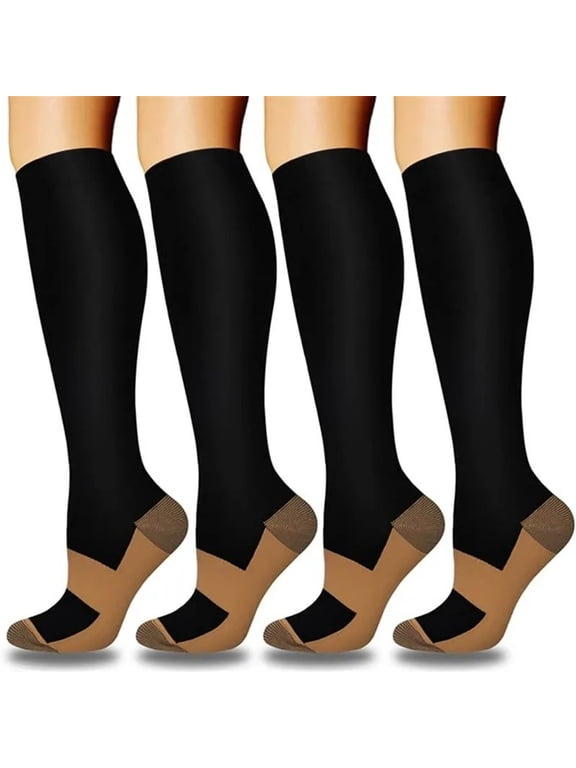 4 Pairs Knee High Black Compression Socks for Men & Women Circulation , Support for Running Athletic Cycling Hiking