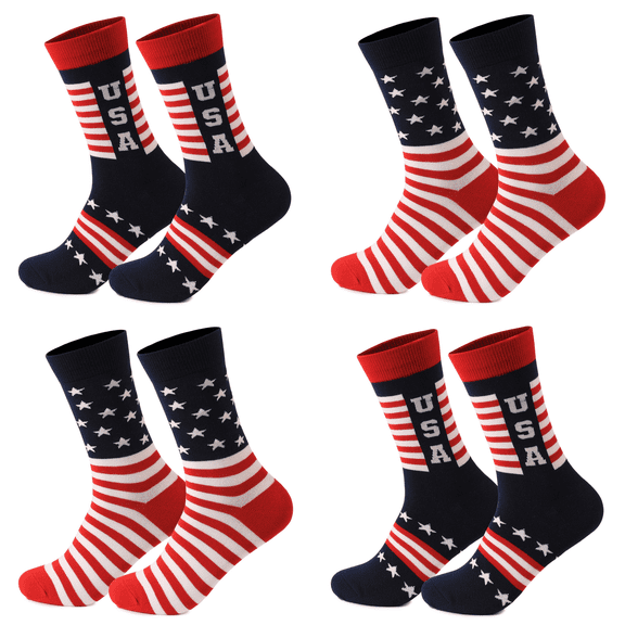 SwiftWear 4 Pairs USA Flag Socks Patriotic Cotton Crew Socks for Men & Women, Breathable Moisture Wicking, Independence Day Xmas Gift Set