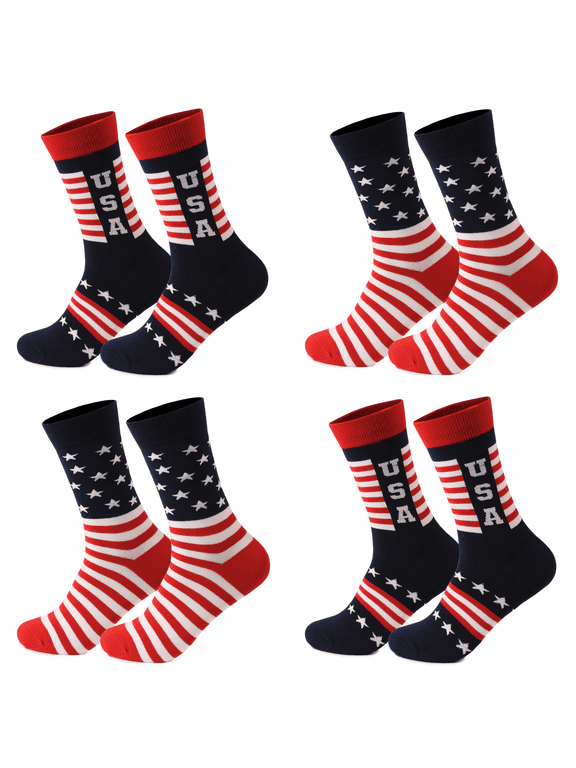 4 Pairs USA Flag Socks Patriotic Cotton Crew Socks for Men & Women, Breathable Moisture Wicking, Independence Day Xmas Gift Set