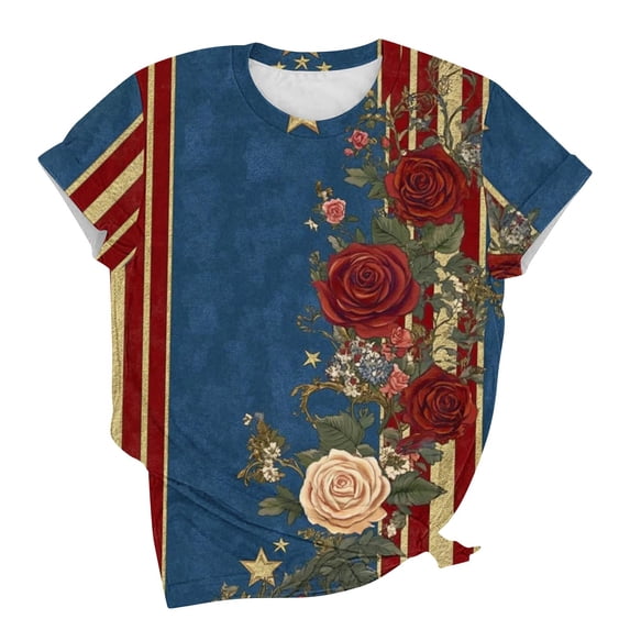 SwiftWear 4th of July Short Sleeve T-Shirt for Women Comfortable Loose Fit Floral Cute Tops with 250th Anniversary Holiday Print Summer Celebrations Outfits