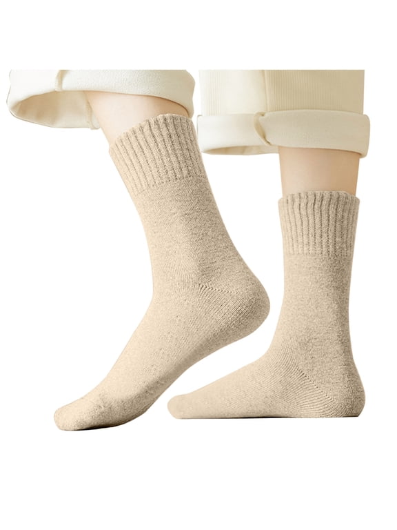 5 Pairs Basic Crew Socks Comfort Fit Boot Socks for Women,Knit Thick Socks Casual Soft Cotton Blend, Solid, Beige