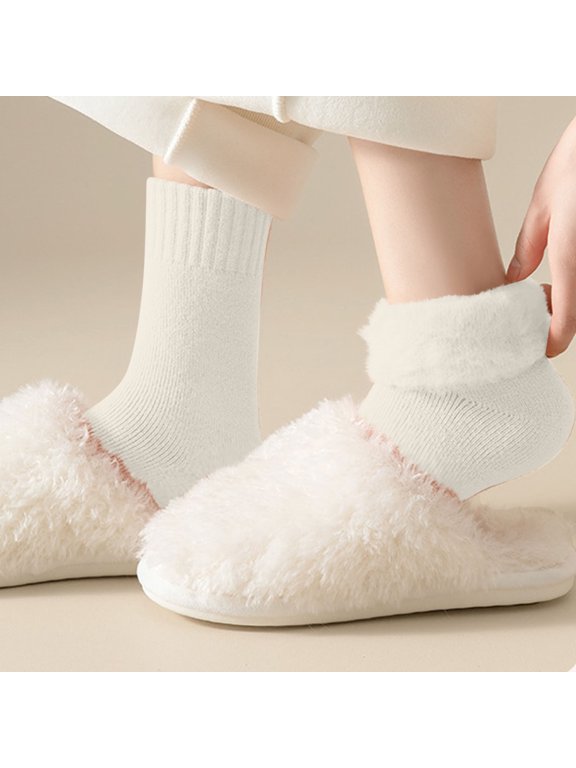 5 Pairs Classic Crew Socks Thick Knit Thermal Warm Sock for Winter Fall,Solid, Beige