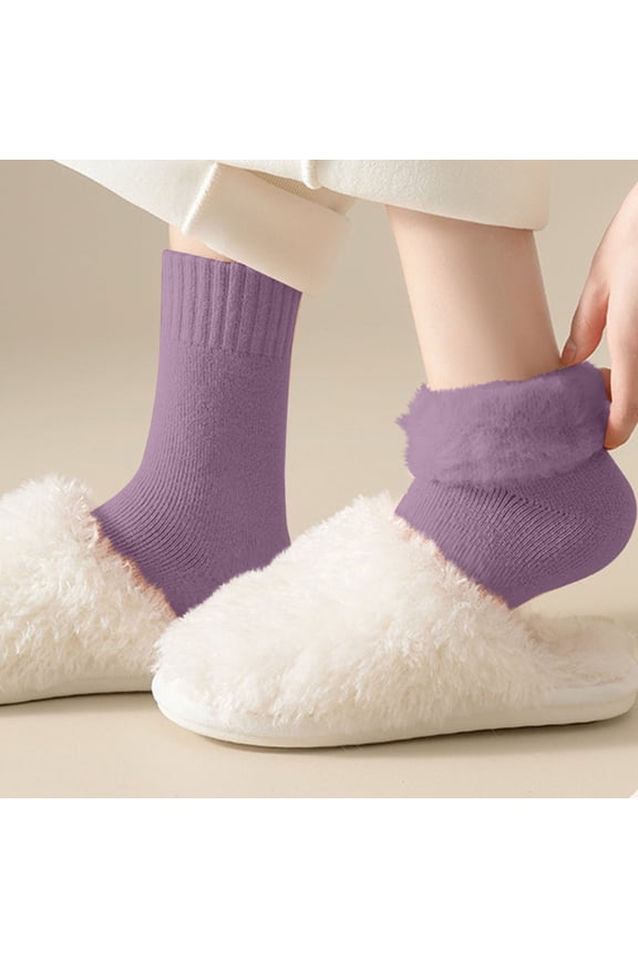 5 Pairs Classic Crew Socks Thick Knit Thermal Warm Sock for Winter Fall,Solid, Purple