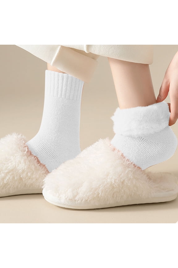 5 Pairs Classic Crew Socks Thick Knit Thermal Warm Sock for Winter Fall,Solid, White