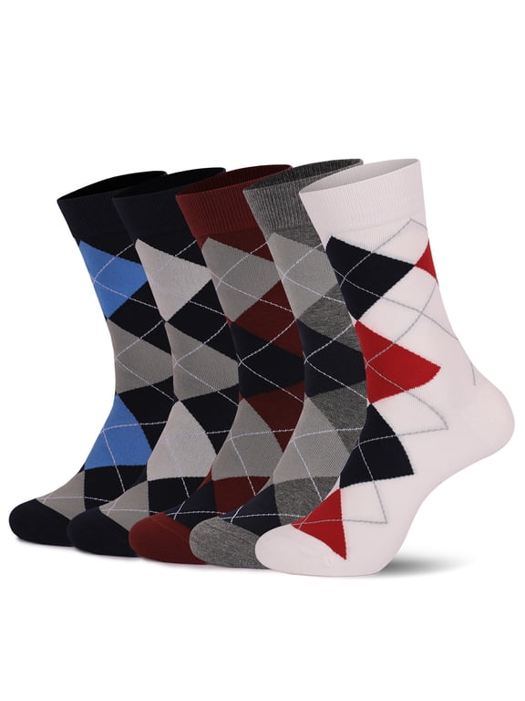 5 Pairs Cotton Crew Socks for Men & Women, Moisture-Wicking & Breathable Everyday Socks, Classic Argyle Pattern, Multi-Color Comfort