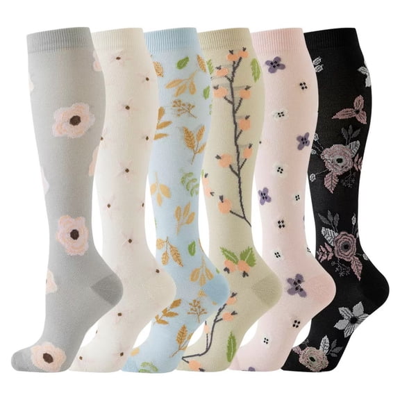 SwiftWear 6 Pairs Floral Compression Socks for Women Circulation Support Knee High Socks for Nurses, Travel, Athletic, Hiking,Running