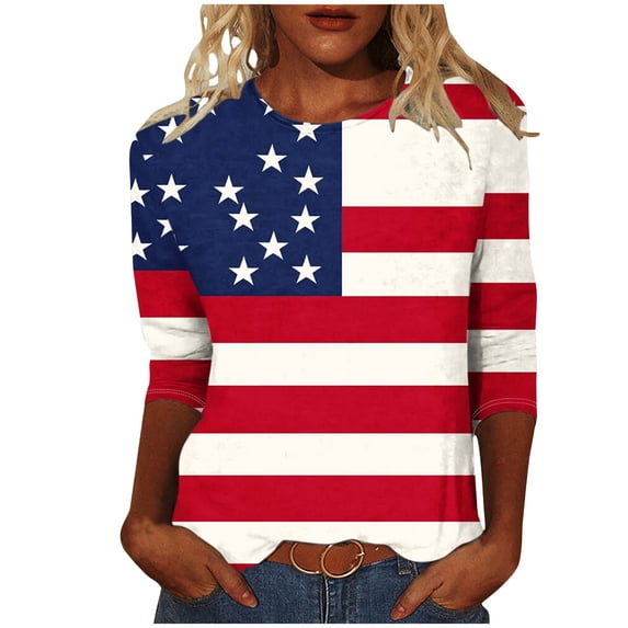 SwiftWear American Flag Print Women's T-Shirt Comfortable Loose Fit 3/4 Sleeve Casual Tee for 250th Anniversary 4th of July Celebrations