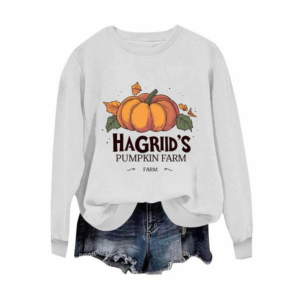 SwiftWear Autumn Harvest Pattern Sweatshirt for Women - Cozy Long Sleeve Top, Holiday Season Casual Fashion Oversized Sweat Shirt White