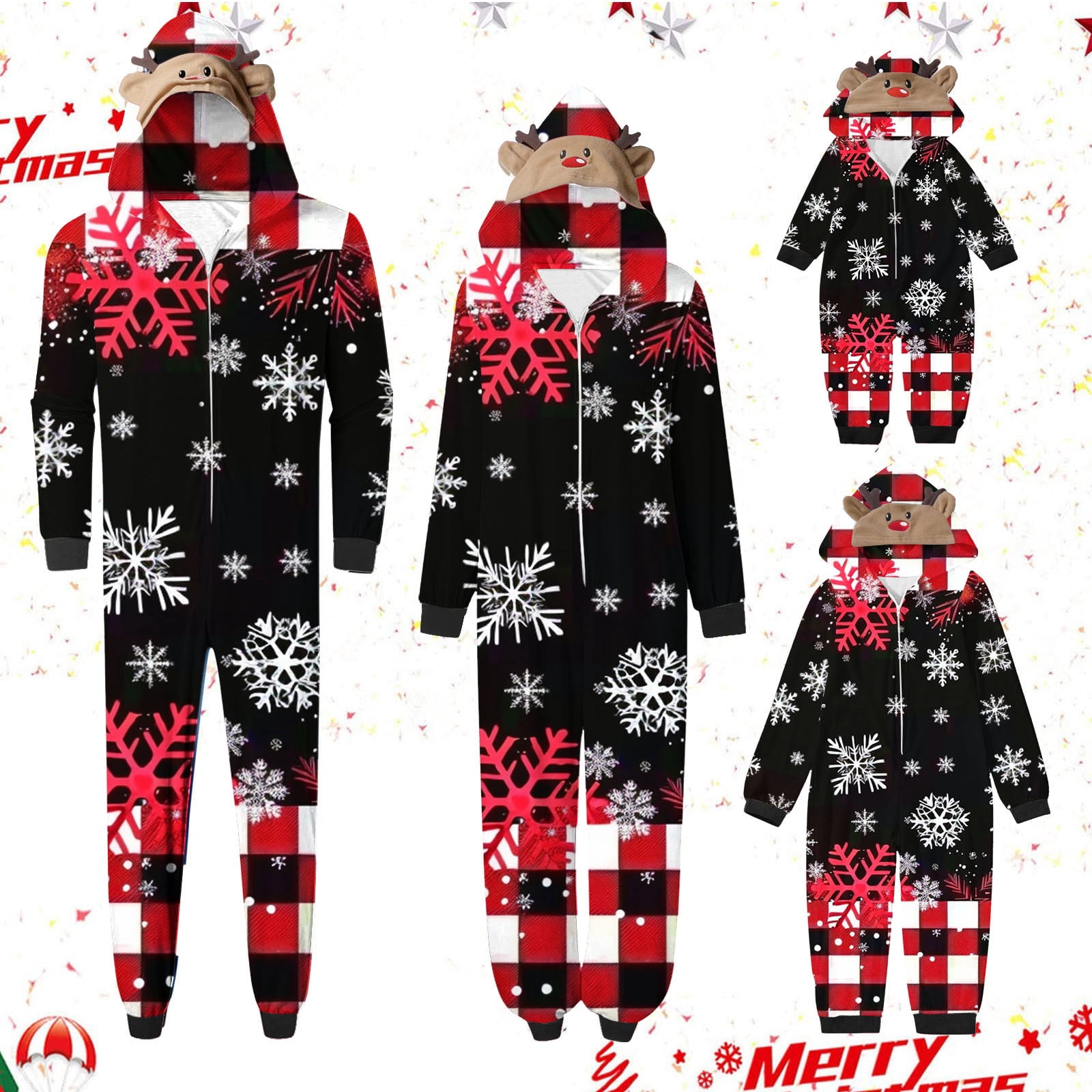 SwiftWear Black Checkered Family Pajamas Christmas Onesie Set with Reindeer Hood Design,Sleepwear & Loungewear for Women Men