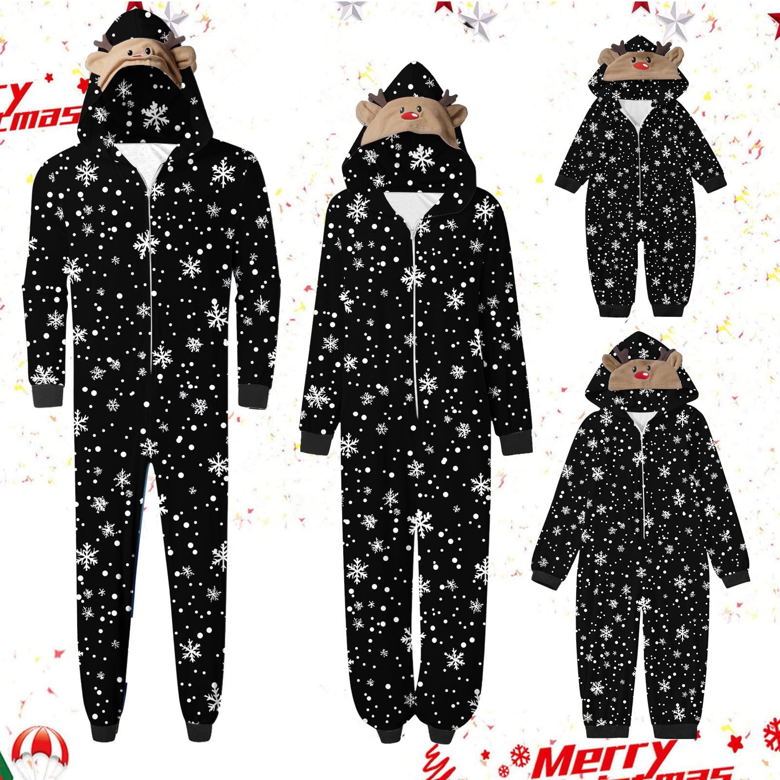 SwiftWear Black Snowflake Couples Family Christmas Pajamas Matching Onesie Set with Reindeer Hood Winter Design Loungewear