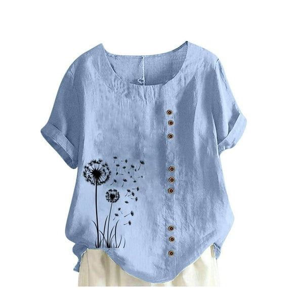 SwiftWear Blouses for Women Summer Clearance Birthday Present Floral Blouses for Women Round Neck T-shirts Loose Comfortable Female Blouses