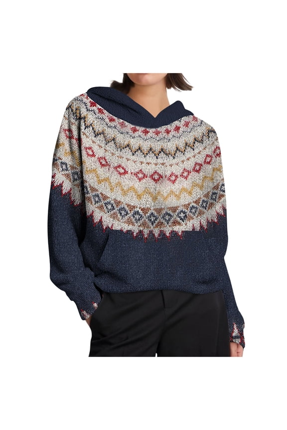 Bohemian Style Oversized Knit Pullover Hoodie Women Hooded Sweater Style Tops with Pockets Soft Comfortable Casual Wear Navy