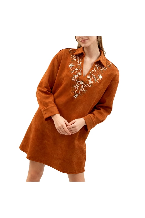 Boho Embroidered Faux Suede Shirtdress Long Sleeve V-Neck Turn-Down Collar Casual Vintage Style Midi Dresses for Women, Orange