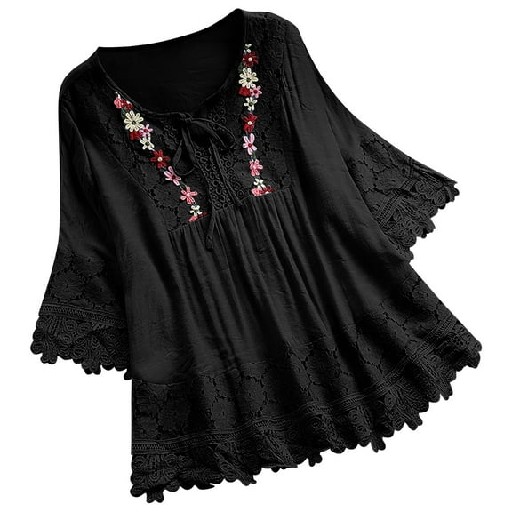 SwiftWear Boho V-Neck Lace Trim Blouse with Floral Embroidery - Short Sleeve Tops for Women Bohemian Style, Floral Lace Blouse for Casual Outfits Sizes S-5XL