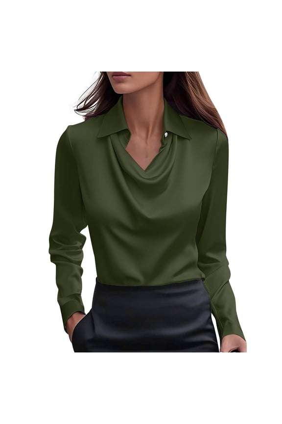 Business Casual Tops for Women Ladies Silk Satin Blouse Cowl Neck Long Sleeve Work to Weekend Shirts Dressy & Stylish Army Green
