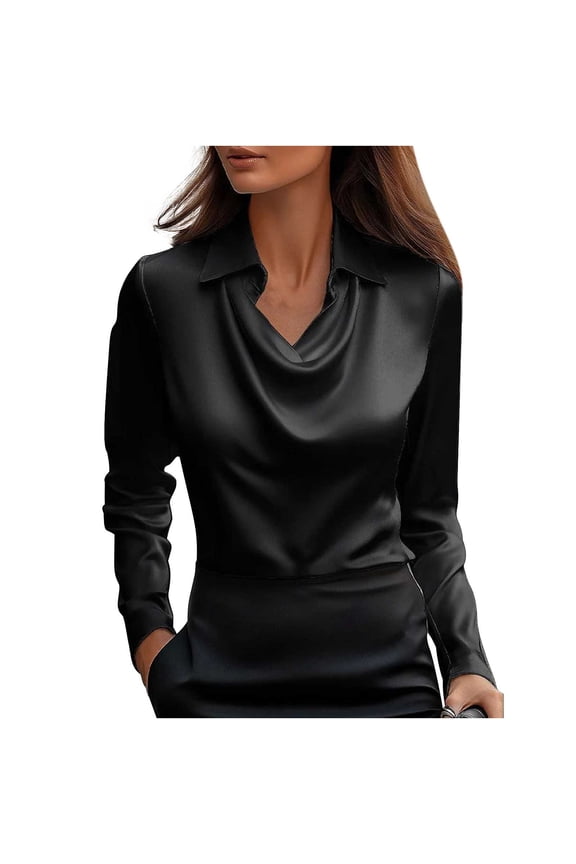 Business Casual Tops for Women Ladies Silk Satin Blouse Cowl Neck Long Sleeve Work to Weekend Shirts Dressy & Stylish Black