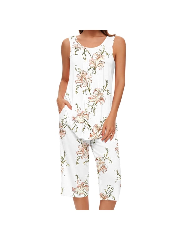 Capri Pajamas for Women Sets 2 Piece Sleeveless Lounge Set Tank Tops & Capri Pants Mom or Granny Pjs