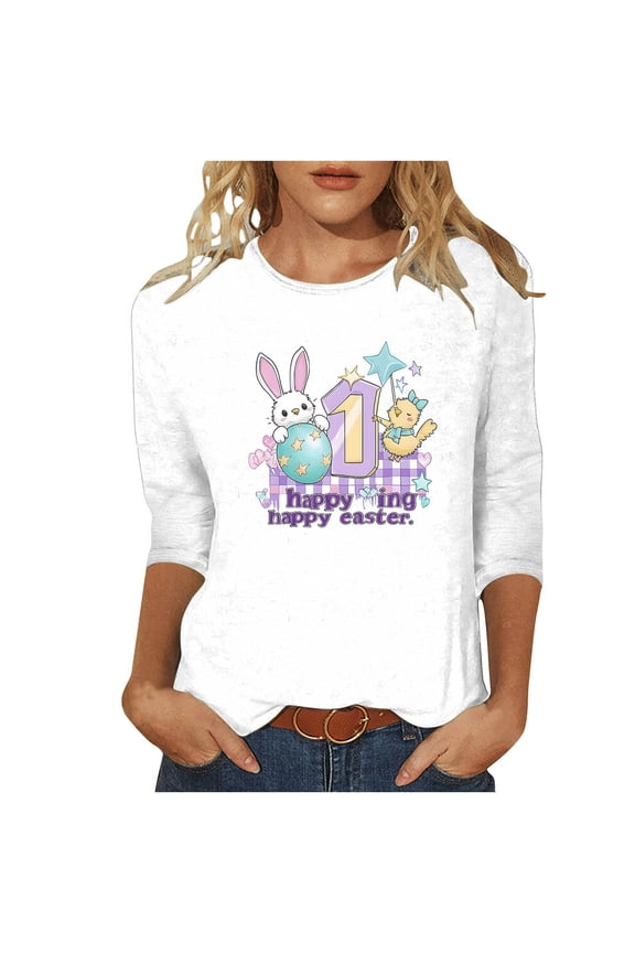 Casual 3/4 Sleeve T-Shirts for Women Crewneck Cute Easter Bunny Print Loose Fit Plus Size Basic Tee Top