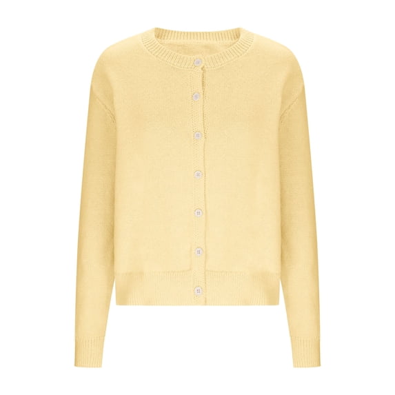 SwiftWear Casual Creamy Yellow Long Sleeve Crew Neck Cardigan - Soft Knit Lightweight Sweater for Daily Wear, Cozy Button Down Open Front Tops