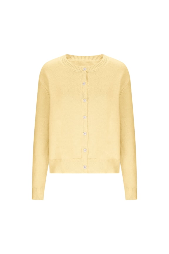 Casual Creamy Yellow Long Sleeve Crew Neck Cardigan - Soft Knit Lightweight Sweater for Daily Wear, Cozy Button Down Open Front Tops