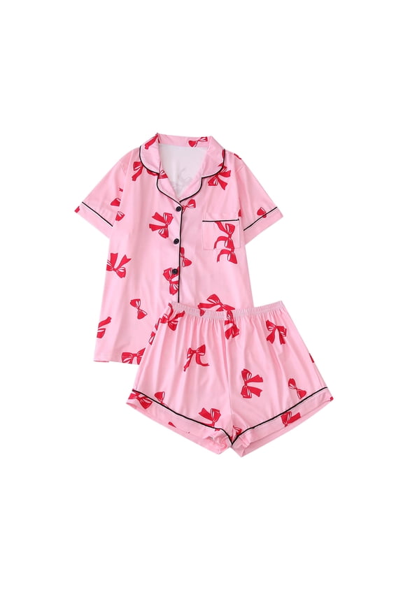 Casual Cute Bow Print Pajama Set for Women - Soft Sleepwear & Loungewear Turn-Down Collar Top with Pockets and Shorts Comfortable Home Wear Pjs 2 Piece Pink