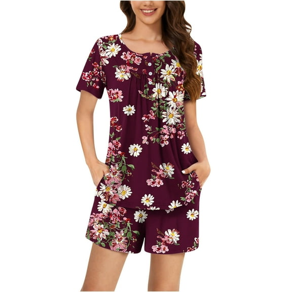 SwiftWear Chic Floral Sleepwear Pajamas Set: Women's Round Neck Button Top & Shorts Set – Cozy, Stylish, & Perfect for Sleep Loungewear S-3X