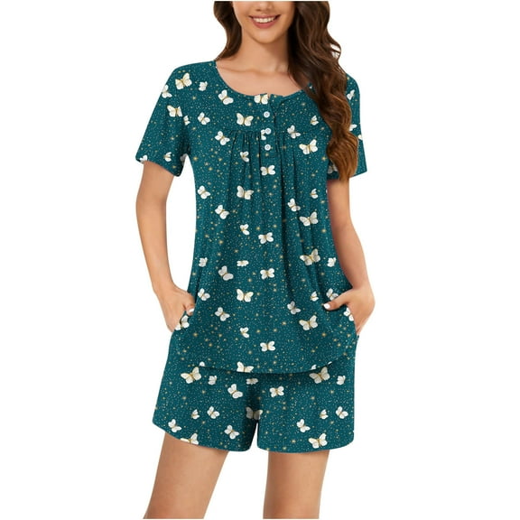 SwiftWear Chic Floral Sleepwear Pajamas Set: Women's Round Neck Button Top & Shorts Set – Cozy, Stylish, & Perfect for Sleep Loungewear S-3X