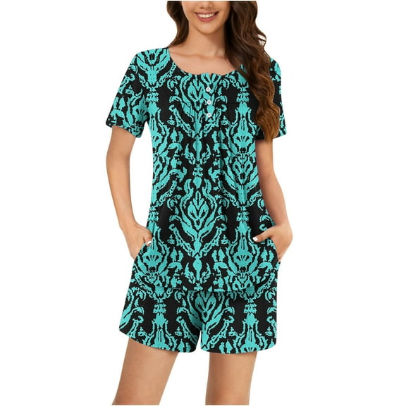 SwiftWear Chic Floral Sleepwear Pajamas Set: Women's Round Neck Button Top & Shorts Set – Cozy, Stylish, & Perfect for Sleep Loungewear S-3X