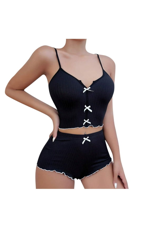 Chic Women’s Solid Black Cami Top & Elastic Waist Shorts Pajama Set - Soft Sleepwear Chic Design with Delicate Bow Details,Perfect Summer Pajama Set