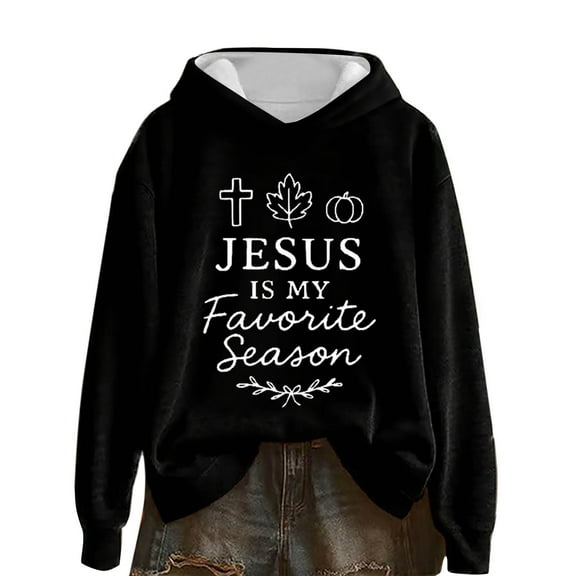 SwiftWear Christian Women's Hoodie with Jesus Seasonal Design, Autumn Theme Graphic Pullover, Comfortable Long Sleeve Hooded Sweatshirt for Fall Thanksgiving Casual Wear Black