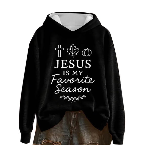 SwiftWear Christian Women's Hoodie with Jesus Seasonal Design, Autumn Theme Graphic Pullover, Comfortable Long Sleeve Hooded Sweatshirt for Fall Thanksgiving Casual Wear Black