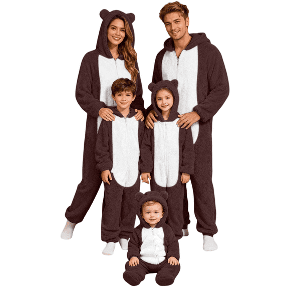 SwiftWear Christmas Matching Family Pajamas Set Festive Onesie with Animal Ears Hood, Xmas Theme Fleece Loungewear Pjs for Home Celebration (Brown)