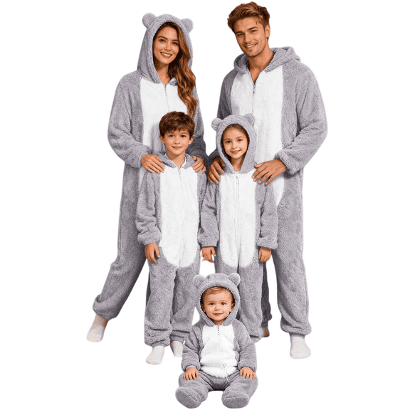 SwiftWear Christmas Matching Family Pajamas Set Festive Onesie with Animal Ears Hood, Xmas Theme Fleece Loungewear Pjs for Home Celebration (Gray)