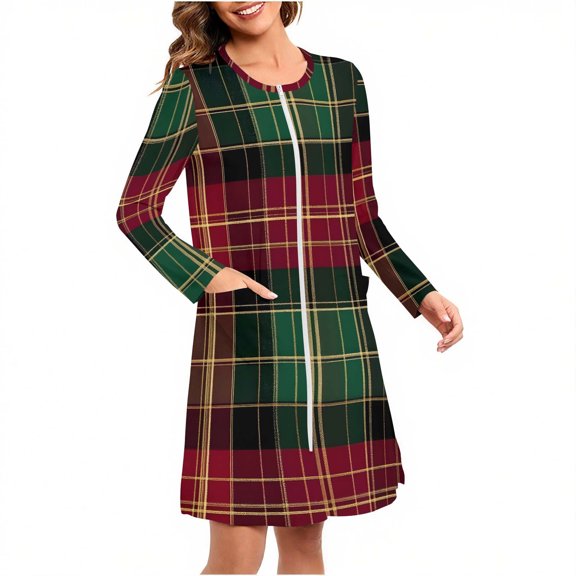 SwiftWear Christmas Plaid Print Relaxed Fit Sleep Robe - Women's Long Sleeve Loungewear, Soft Brushed Fabric with Festive Design