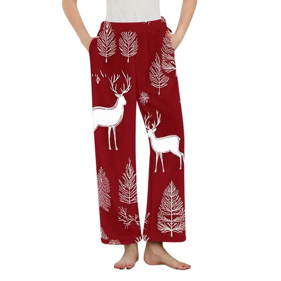 SwiftWear Christmas Themed Brushed Fleece Pajama Bottoms - Plus Size Cozy Sleepwear & Home Lounge Pant with Pocket & Elastic Waist Soft Comfort Red