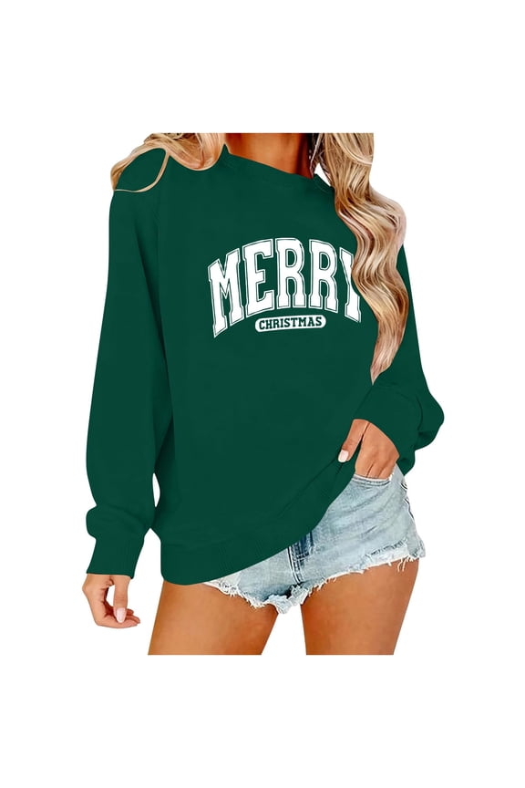Christmas Themed Crewneck Sweatshirt for Women - Merry Christmas Graphic Pullover Tops Cozy Long Sleeve Holiday Wear Green