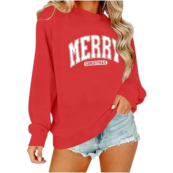 SwiftWear Christmas Themed Crewneck Sweatshirt for Women - Merry Christmas Graphic Pullover Tops Cozy Long Sleeve Holiday Wear Red