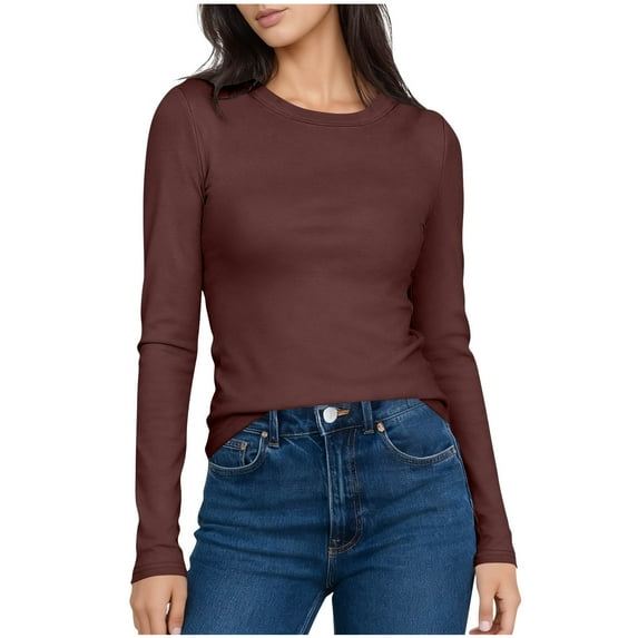 SwiftWear Classic Crew-Neck Long Sleeve Shirts for Women - Fall Spring Casual Base Layer Going Out Tees Basic Tops, Brown