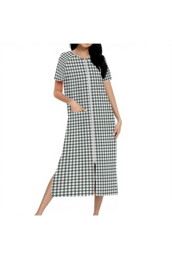 Classic Plaid Sleep Robe with Full Front Zipper, Long Length Nightgown with Side Slits and Convenient Pockets
