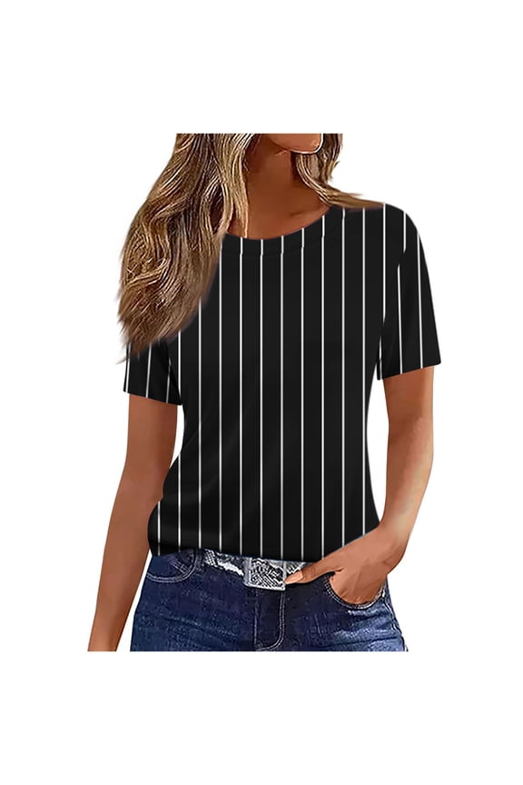 Classic Women's Summer Blouse Black Round-Neck Vertical White Stripes Short-Sleeve Tee – Sleek Summer Tops for Women, Stretchy Fabric T-Shirt