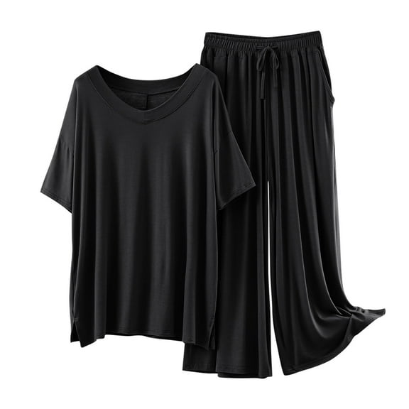 SwiftWear Cool & Chic Modal Cotton Pajamas V-Neck Tee & Adjustable Tie Wide Leg Pants Pajama Set – Perfect for Lounging, Travel, or Bedtim